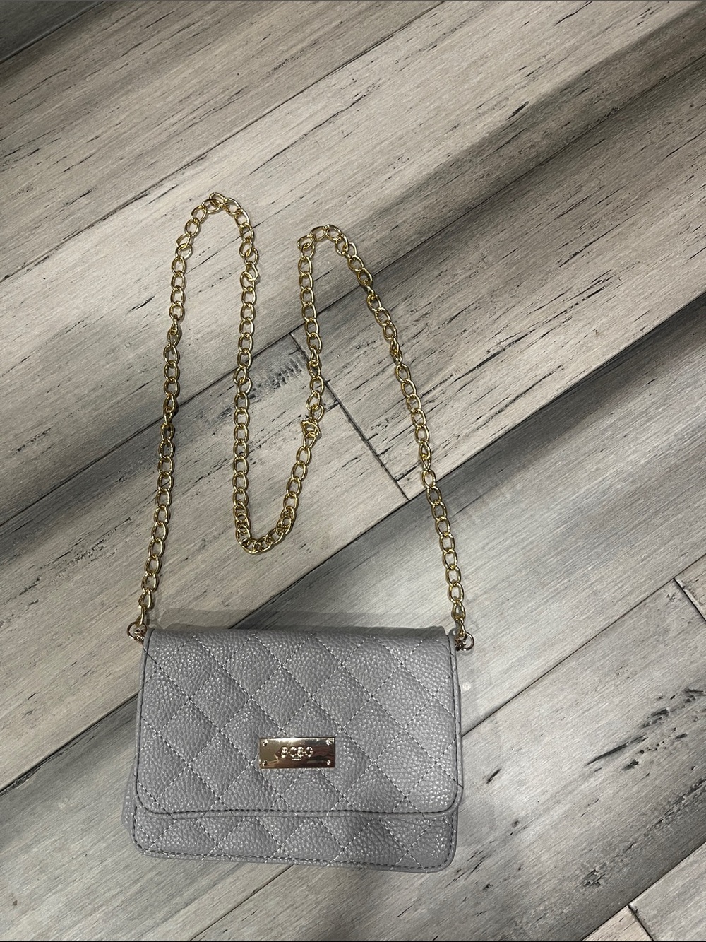 BCBG Quilted Light Gray Crossbody with Gold Chain Strap